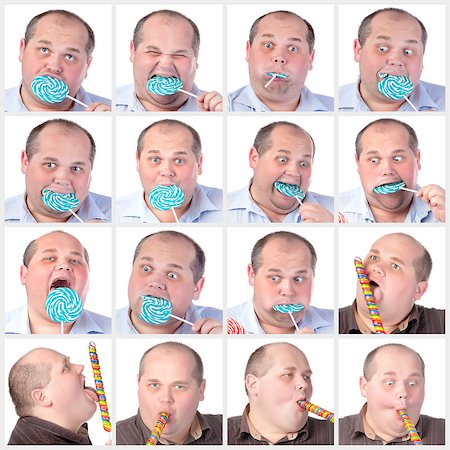 simsearch:400-07305387,k - Collage portrait fat man eating a lollipop, on white background Photographie de stock - Aubaine LD & Abonnement, Code: 400-07305387