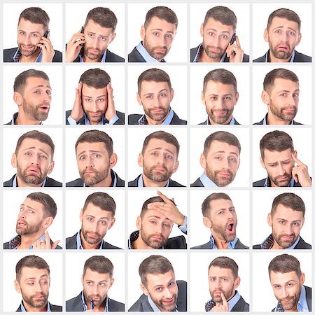 simsearch:400-07305387,k - Collage portrait unshaven handsome man with difference emotions, on white background Photographie de stock - Aubaine LD & Abonnement, Code: 400-07305389