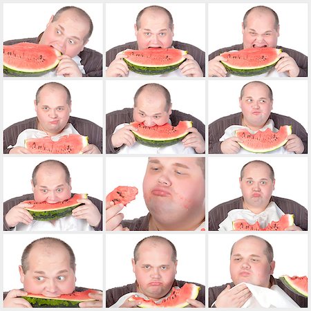simsearch:400-07301601,k - Collage portrait obese man eating a large slice of fresh juicy watermelon isolated on white Stock Photo - Budget Royalty-Free & Subscription, Code: 400-07305380