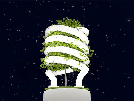 A power saving fluorescent light bulb glowing in the night with a tree growing through it's center symbolizing the conservation of nature by using a more efficient and environmental friendly source of light. Foto de stock - Royalty-Free Super Valor e Assinatura, Número: 400-07305515