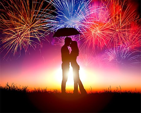 silhouette girl with umbrella - Couple kissing under umbrella with firework in the sky Stock Photo - Budget Royalty-Free & Subscription, Code: 400-07305592