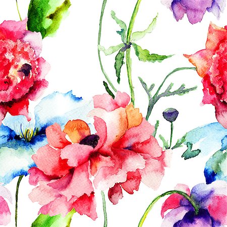 spring background tiles - Seamless wallpaper with summer flowers, Watercolor painting Stock Photo - Budget Royalty-Free & Subscription, Code: 400-07305717