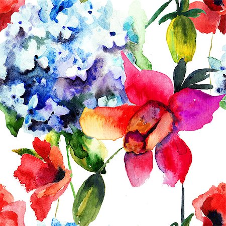 simsearch:400-07245386,k - Seamless pattern with Beautiful Hydrangea and Poppy flowers, watercolor illustration Stockbilder - Microstock & Abonnement, Bildnummer: 400-07305724