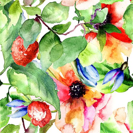 simsearch:400-07245386,k - Seamless pattern with Raspberry and flowers, watercolor illustration Stockbilder - Microstock & Abonnement, Bildnummer: 400-07305737
