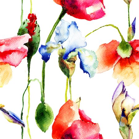 simsearch:400-07444676,k - Seamless wallpaper with Iris and Poppy flowers, watercolor illustration Photographie de stock - Aubaine LD & Abonnement, Code: 400-07305743