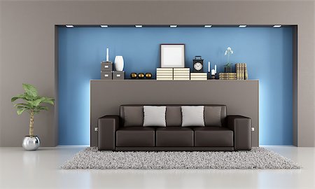 simsearch:400-05946922,k - Elegant living room with brown sofa and niche - rendering Photographie de stock - Aubaine LD & Abonnement, Code: 400-07305944