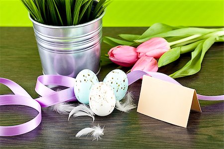 simsearch:400-06527401,k - traditional easter egg decoration with tulips and ribbo and feather Stock Photo - Budget Royalty-Free & Subscription, Code: 400-07306917