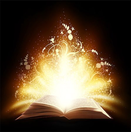 spell book - Magic open book with light and ornate on a black background Stock Photo - Budget Royalty-Free & Subscription, Code: 400-07307530