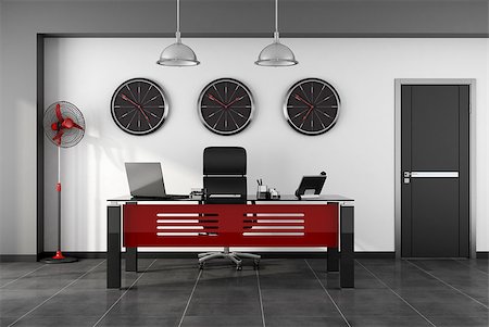 reloj de sol - Red and black modern office with desk,chair, fan and closed door - rendering Photographie de stock - Aubaine LD & Abonnement, Code: 400-07307673
