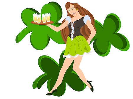 editable eps vector format, irish barmaid serving four beers on a try wearing a short green skirt with fourleaf clover background Stock Photo - Budget Royalty-Free & Subscription, Code: 400-07307725