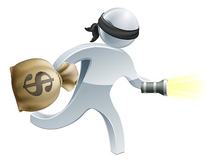 robbery cartoon - Burglar or thief with face mask running off with a big sack of money and a torch or flashlight Stock Photo - Budget Royalty-Free & Subscription, Code: 400-07307902