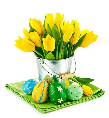 simsearch:400-06356460,k - easter eggs with yellow tulips in bucket isolated on white background Foto de stock - Super Valor sin royalties y Suscripción, Código: 400-07307926
