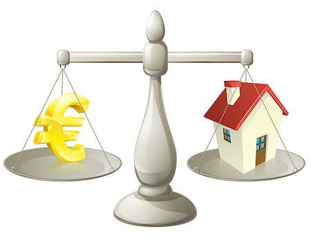debt scales - House money Euro scales concept. Euro sign on one side of a scale and a house on the other. Can have several meanings relating to real estate, savings or mortgages Stock Photo - Budget Royalty-Free & Subscription, Code: 400-07307988