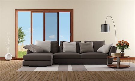 simsearch:400-05903561,k - Modern living room with brown sofa and sliding window - rendering Stockbilder - Microstock & Abonnement, Bildnummer: 400-07308089