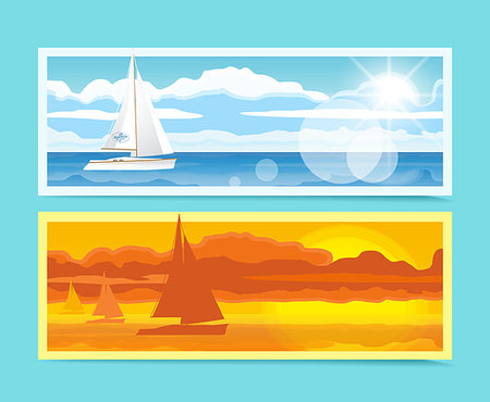 Two banners with the sea and boats for summer design Foto de stock - Super Valor sin royalties y Suscripción, Código: 400-07308391