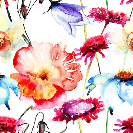 simsearch:400-07245386,k - Seamless wallpaper with flowers, watercolor illustration Stockbilder - Microstock & Abonnement, Bildnummer: 400-07308504