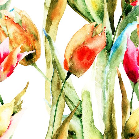 simsearch:400-07245386,k - Seamless wallpapers with Tulips flowers, watercolor illustration Stockbilder - Microstock & Abonnement, Bildnummer: 400-07308511