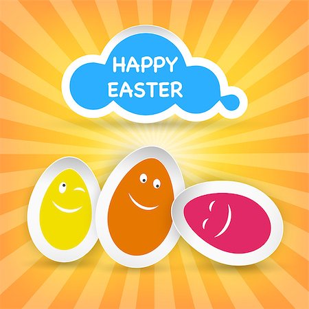 eggs with face - Smiley Easter Eggs and Happy Easter greeting on a cloud on sun sunburst background. Vector illustration Stock Photo - Budget Royalty-Free & Subscription, Code: 400-07308547