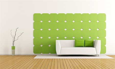 Living room with green gypsum panel on wall and modern sofa - rendering Photographie de stock - Aubaine LD & Abonnement, Code: 400-07308802