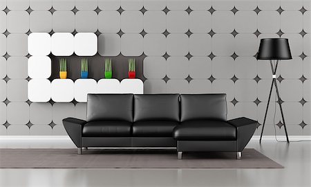 Modern living room with black sofa and gypsum panel on wall - rendering Stockbilder - Microstock & Abonnement, Bildnummer: 400-07309333