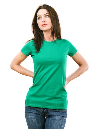 simsearch:400-07748288,k - Photo of a beautiful brunette woman with blank green shirt. Ready for your design or artwork. Stock Photo - Budget Royalty-Free & Subscription, Code: 400-07309514