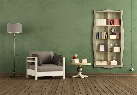Vintage living room with antique bookcase and armchair - rendering Stock Photo - Budget Royalty-Free & Subscription, Code: 400-07309839