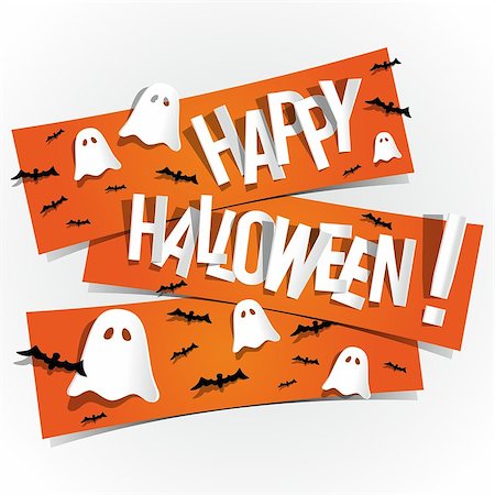 simsearch:400-08196096,k - Happy Halloween card With Bats And Ghosts On Orange Banners vector illustration Photographie de stock - Aubaine LD & Abonnement, Code: 400-07309861