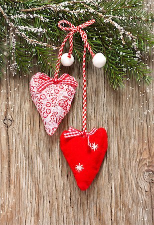 simsearch:400-07824858,k - Christmas decoration with two hearts on an old wooden background with snow. Stock Photo - Budget Royalty-Free & Subscription, Code: 400-07300131