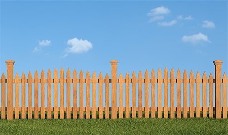 photo picket garden - Wooden fence on grass in sunny day - rendering Foto de stock - Super Valor sin royalties y Suscripción, Código: 400-07300543