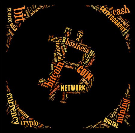 simsearch:400-09097337,k - bitcoin logo word cloud with orange wordings on black background Stock Photo - Budget Royalty-Free & Subscription, Code: 400-07300553