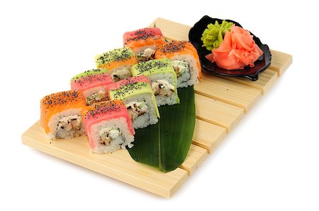 starush (artist) - Rainbow sushi at wooden plate, isolated on white Stockbilder - Microstock & Abonnement, Bildnummer: 400-07301035