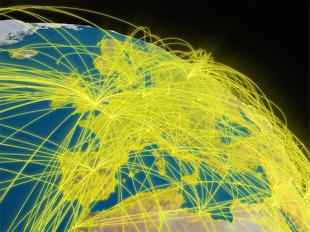 Illustration of Europe from space with glowing yellow connections between cities and continents representing global airline networks. Elements of this image furnished by NASA Photographie de stock - Aubaine LD & Abonnement, Code: 400-07301092