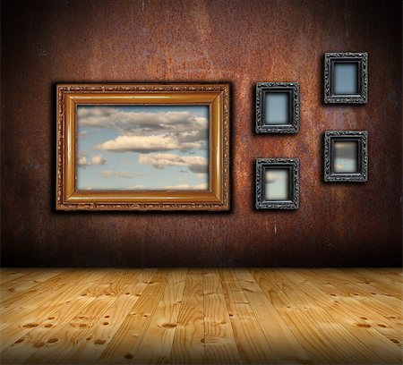 abstract architectural interior backdrop with frames on rusty wall and wooden floor Stock Photo - Budget Royalty-Free & Subscription, Code: 400-07301149