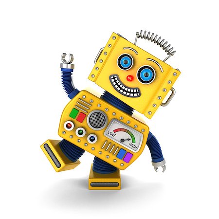 simsearch:400-07301158,k - Cute yellow vintage toy robot over white background having fun Fotografie stock - Microstock e Abbonamento, Codice: 400-07301156