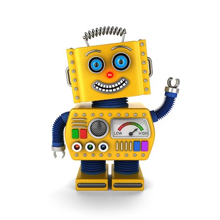 simsearch:400-07511289,k - Cute yellow vintage toy robot over white background waving hello Fotografie stock - Microstock e Abbonamento, Codice: 400-07301157