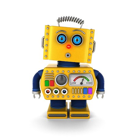 simsearch:400-07511289,k - Cute yellow vintage toy robot with a surprised facial expression over white background Fotografie stock - Microstock e Abbonamento, Codice: 400-07301158