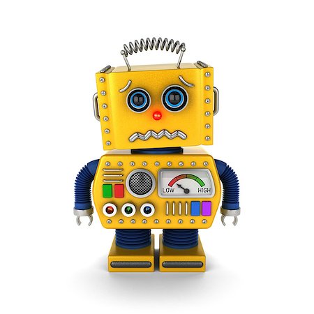 simsearch:400-07301158,k - Very sad vintage toy robot is about to cry over white background Fotografie stock - Microstock e Abbonamento, Codice: 400-07301159