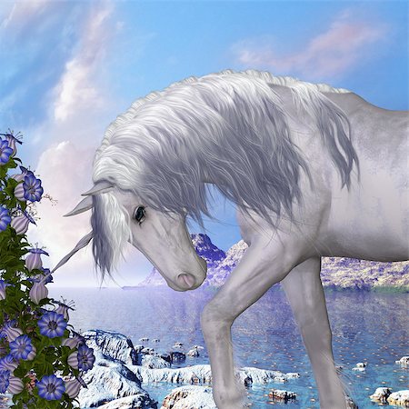 simsearch:400-08015077,k - A beautiful white unicorn prances with its wild mane flowing and muscles shining. Foto de stock - Super Valor sin royalties y Suscripción, Código: 400-07301749