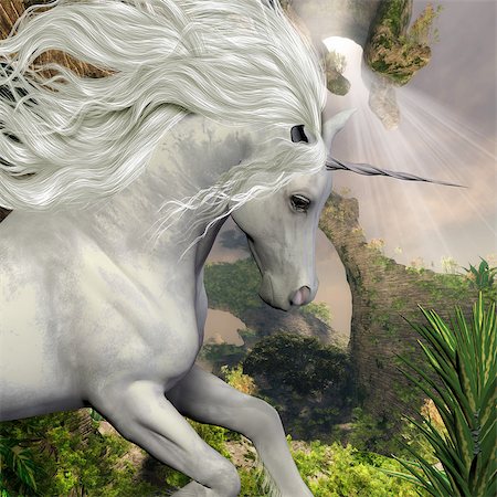 simsearch:400-06861765,k - A beautiful white unicorn prances with its wild mane flowing. Photographie de stock - Aubaine LD & Abonnement, Code: 400-07301750