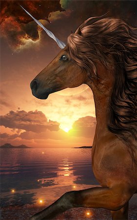 simsearch:400-04651783,k - A beautiful chestnut unicorn prances with its wild mane flowing Stock Photo - Budget Royalty-Free & Subscription, Code: 400-07301751