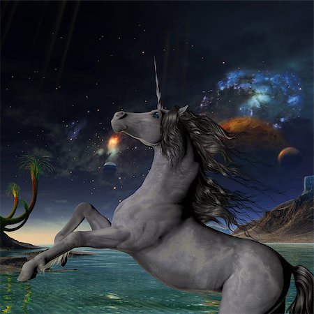 simsearch:400-06205526,k - A beautiful silver unicorn prances with its wild mane flowing. Foto de stock - Super Valor sin royalties y Suscripción, Código: 400-07301753