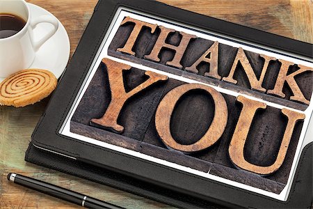 simsearch:400-07179122,k - thank you  - text in vintage letterpress wood type on a digital tablet with coffee Stock Photo - Budget Royalty-Free & Subscription, Code: 400-07302527