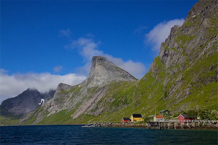 simsearch:400-06557083,k - Picturesque fjord on Lofoten islands in Norway surrounded by towering mountain peaks and small fishing village Stockbilder - Microstock & Abonnement, Bildnummer: 400-07303224