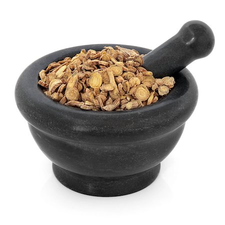 simsearch:400-07174356,k - Scutellaria root chinese herbal medicine in a black stone mortar with pestle over white background. Huang qin. Skullcap. Stock Photo - Budget Royalty-Free & Subscription, Code: 400-07303478