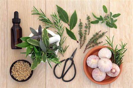 simsearch:400-07303169,k - Herb selection with aromatherapy essential oil bottle and old gardening scissors over brown paper background. Stock Photo - Budget Royalty-Free & Subscription, Code: 400-07303563