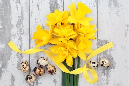 simsearch:6102-03750354,k - Yellow daffodil flower arrangement with quail eggs and ribbon curl over distressed wooden background. Photographie de stock - Aubaine LD & Abonnement, Code: 400-07303605