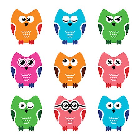 Decorative colorful owl icons isolated on white Stock Photo - Budget Royalty-Free & Subscription, Code: 400-07314370