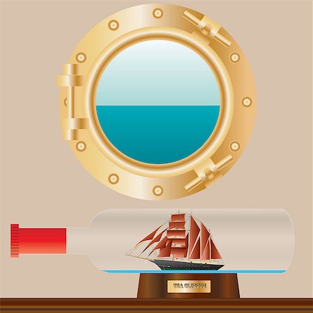 simsearch:400-04177336,k - A Model Sailing Ship in a bottle in a ships cabin with porthole in background and seaview Stock Photo - Budget Royalty-Free & Subscription, Code: 400-07314752