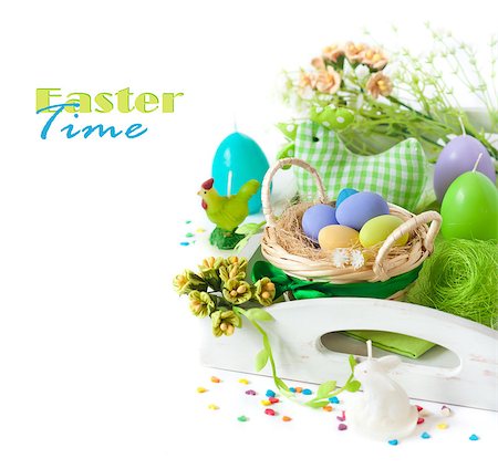 simsearch:400-07406705,k - Easter decorations with colorful eggs and funny candles on a white background. Foto de stock - Super Valor sin royalties y Suscripción, Código: 400-07314771