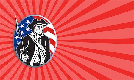 Business card template showing illustration of an American patriot minuteman revolutionary soldier with musket bayonet rifle and stars and stripes flag set inside ellipse done in retro style. Foto de stock - Super Valor sin royalties y Suscripción, Código: 400-07316060